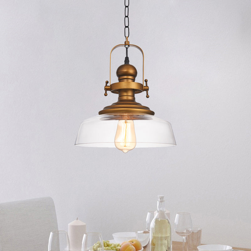 1-Light Clear Glass Dome Pendant Light Fixture - Factory Brass Look Ideal For Coffee Shop
