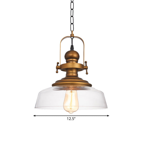 1-Light Clear Glass Dome Pendant Light Fixture - Factory Brass Look Ideal For Coffee Shop