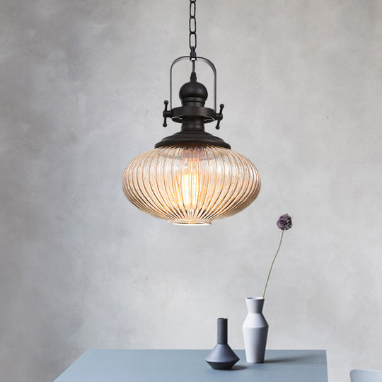 Industrial Striped Glass Ceiling Light With Black Cylinder/Oval Design - 1 Pendant Lighting Fixture