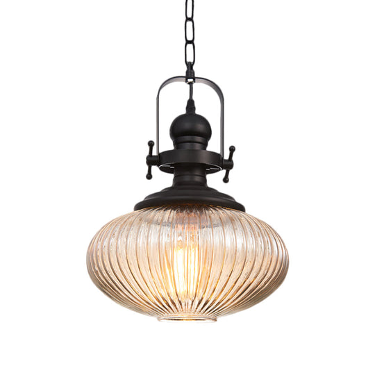 Industrial Striped Glass Ceiling Light With Black Cylinder/Oval Design - 1 Pendant Lighting Fixture