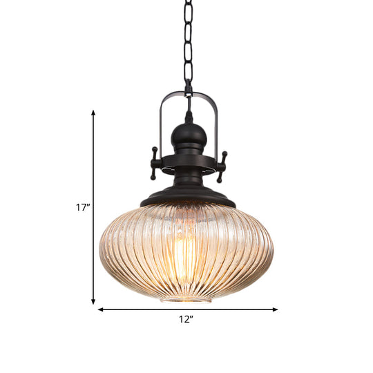 Industrial Striped Glass Ceiling Light With Black Cylinder/Oval Design - 1 Pendant Lighting Fixture