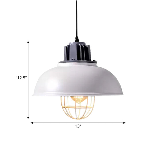 Vintage Hanging Lamp With Black/White Metallic Dome Shade & Wire Cage