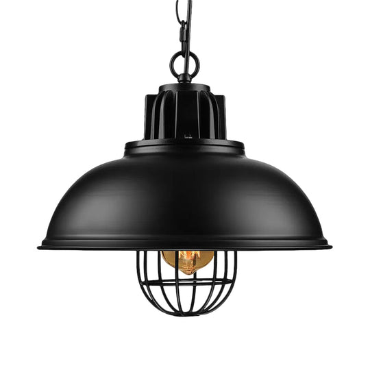 Vintage Hanging Lamp With Black/White Metallic Dome Shade & Wire Cage