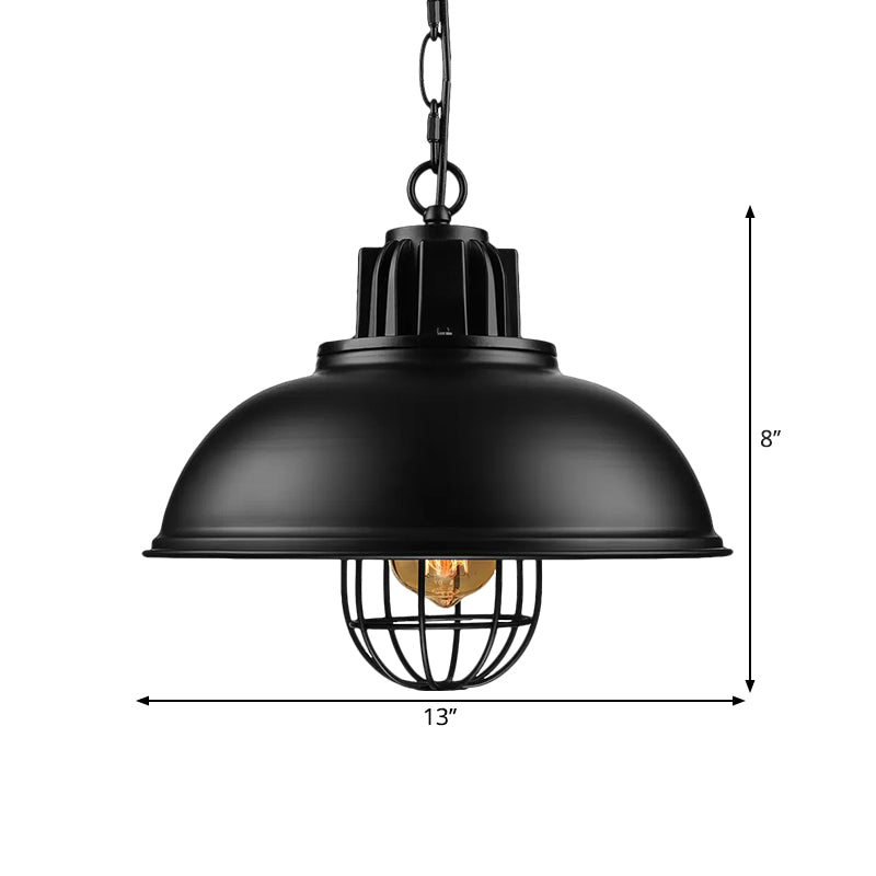 Vintage Hanging Lamp With Black/White Metallic Dome Shade & Wire Cage