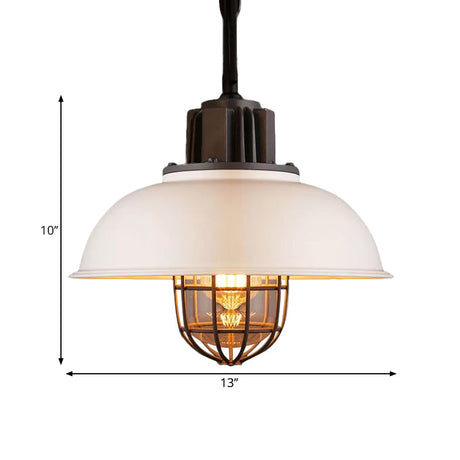 Vintage Metallic Dome Hanging Lamp With Wire Cage - 1 Bulb Restaurant Light In Black/White