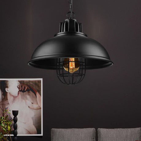 Vintage Metallic Dome Hanging Lamp With Wire Cage - 1 Bulb Restaurant Light In Black/White