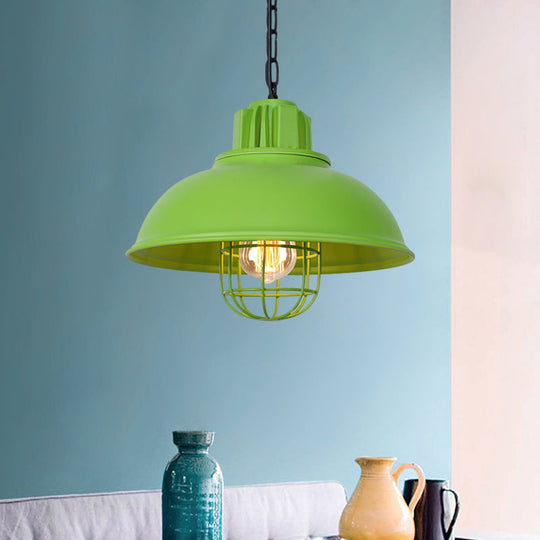 Vintage Hanging Lamp With Black/White Metallic Dome Shade & Wire Cage