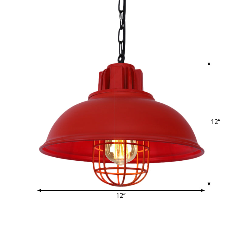 Vintage Hanging Lamp With Black/White Metallic Dome Shade & Wire Cage