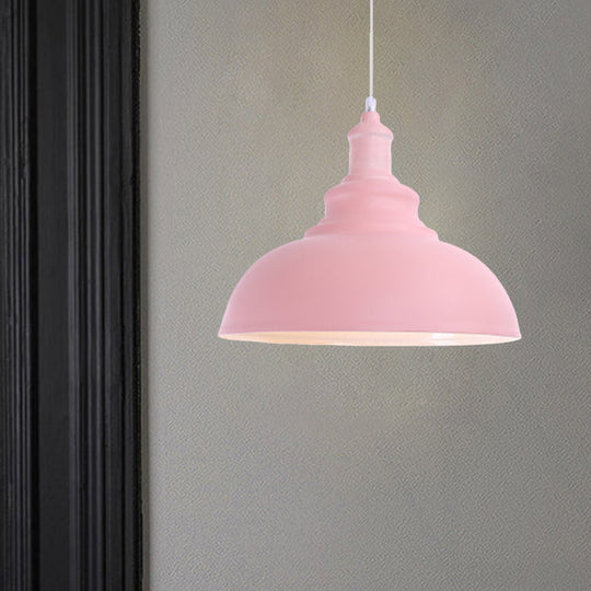 Macaron Style Pink/Yellow Bowl Ceiling Light: Metal Suspended Lamp For Bedroom - 1 Bulb Fixture Pink