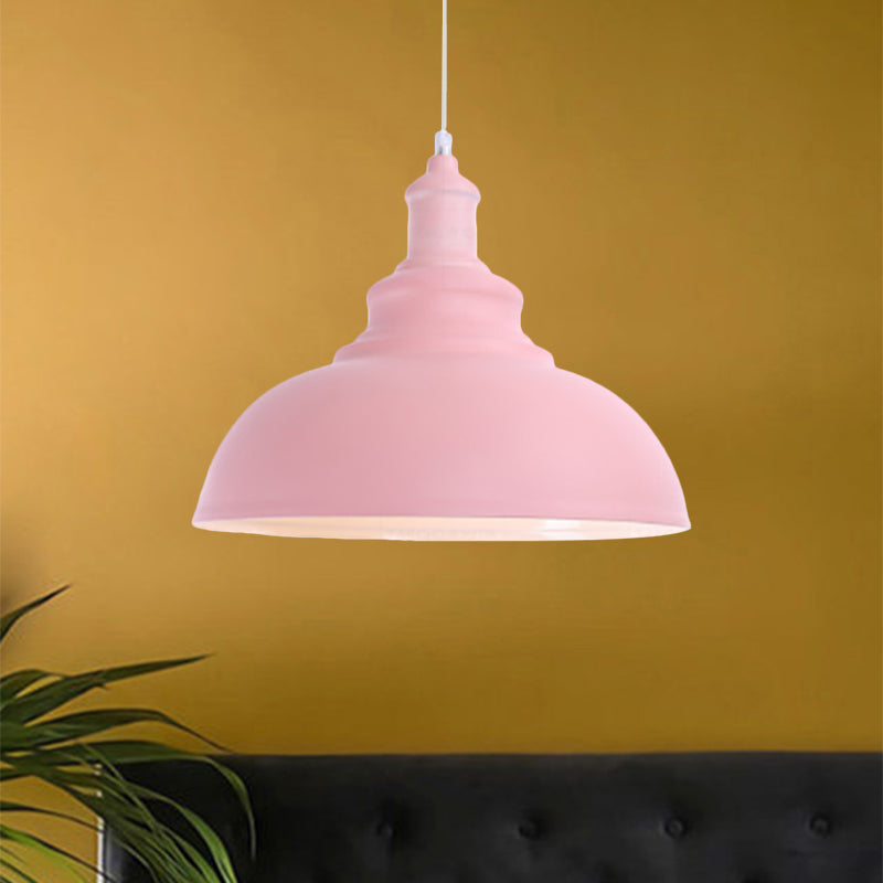 Macaron Style Pink/Yellow Bowl Ceiling Light: Metal Suspended Lamp For Bedroom - 1 Bulb Fixture