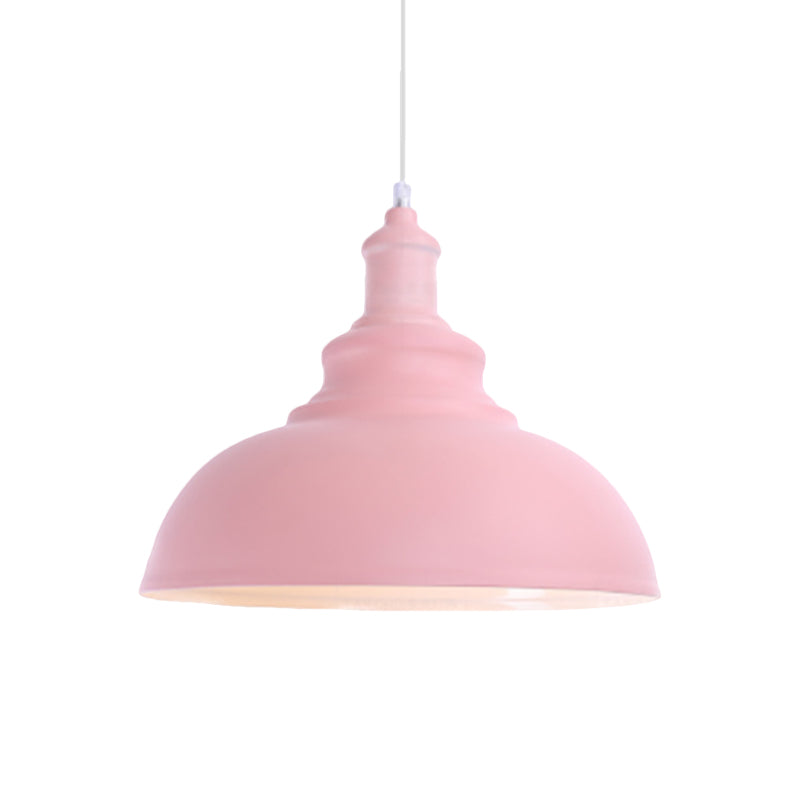 Macaron Style Pink/Yellow Bowl Ceiling Light: Metal Suspended Lamp For Bedroom - 1 Bulb Fixture