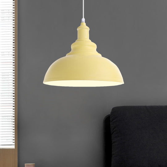 Macaron Style Pink/Yellow Bowl Ceiling Light: Metal Suspended Lamp For Bedroom - 1 Bulb Fixture