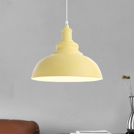 Macaron Style Pink/Yellow Bowl Ceiling Light: Metal Suspended Lamp For Bedroom - 1 Bulb Fixture