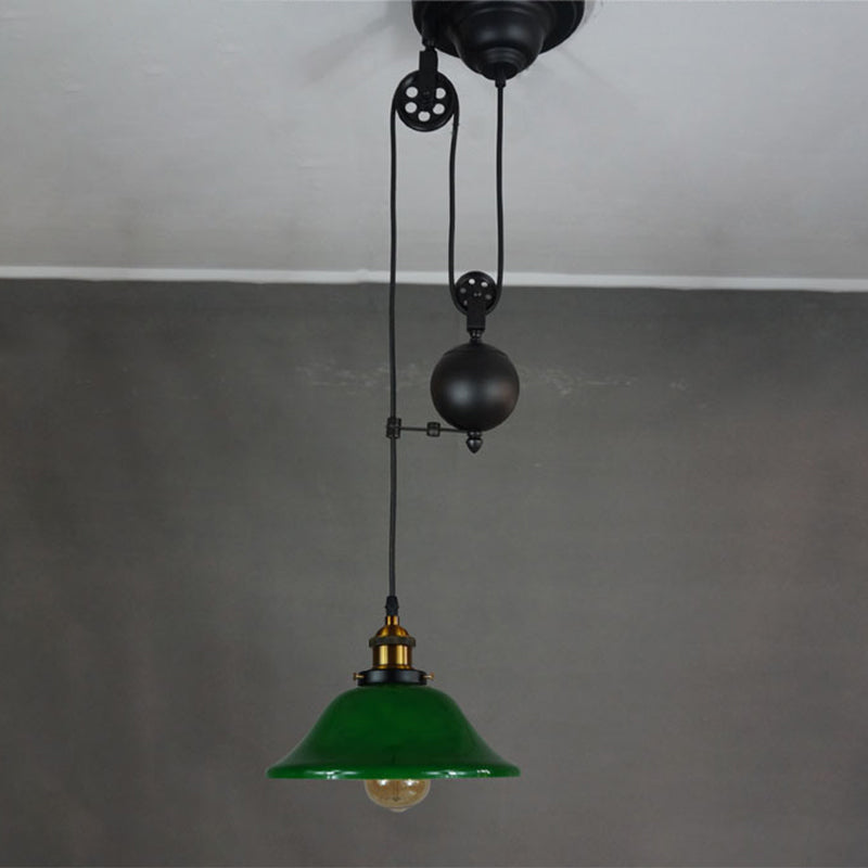 Antique Green Glass 1-Light Brass Pendant Fixture With Adjustable Pulley – Living Room Ceiling
