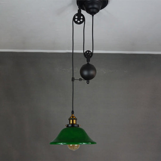 Antique Green Glass 1-Light Brass Pendant Fixture With Adjustable Pulley – Living Room Ceiling