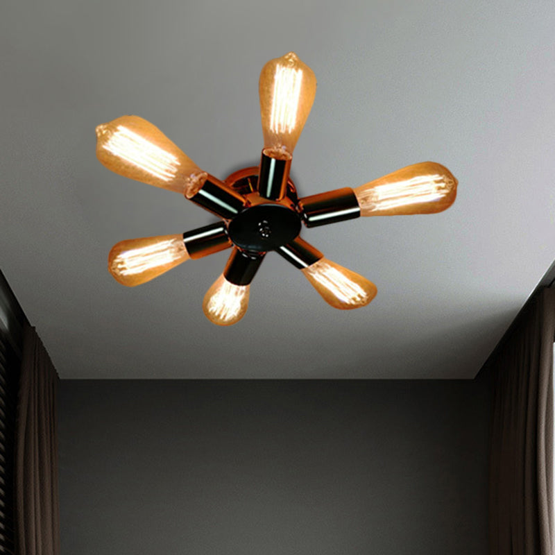 Vintage Inspired Exposed Bulb Semi Flush Pendant Light - 3/6 Lights Metal Ceiling Fixture In Brass