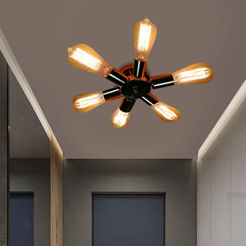 Vintage Inspired Exposed Bulb Semi Flush Pendant Light - 3/6 Lights Metal Ceiling Fixture In Brass