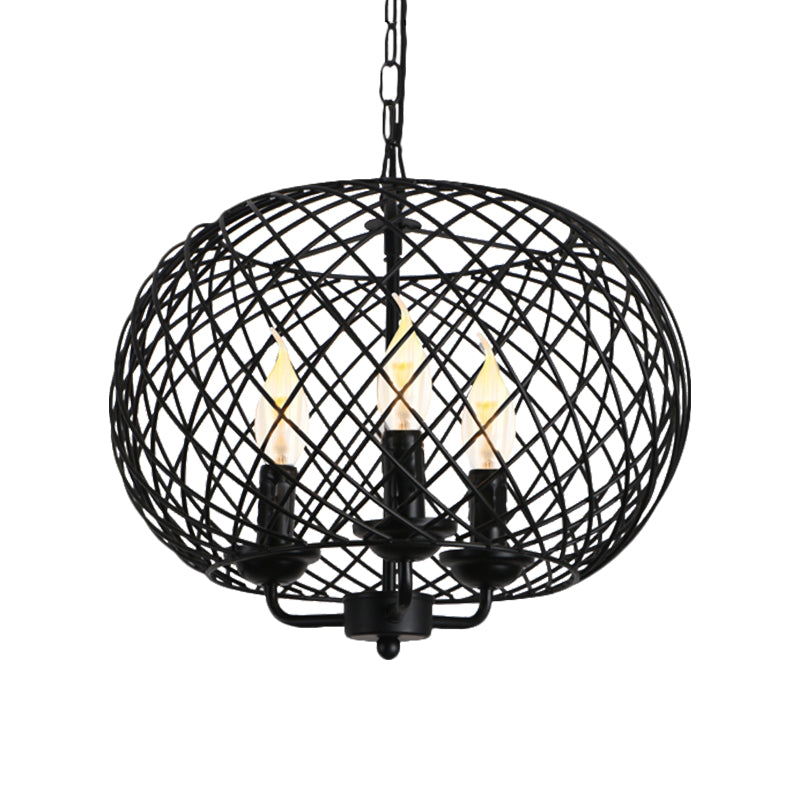 Industrial Metal Mesh Drum Shade Chandelier Lamp - Black 3-Bulb Hanging Ceiling Fixture For Dining