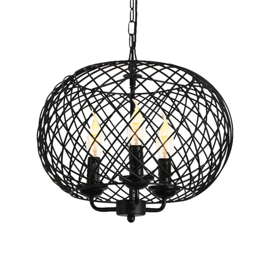 Industrial Metal Mesh Drum Shade Chandelier Lamp - Black 3-Bulb Hanging Ceiling Fixture For Dining