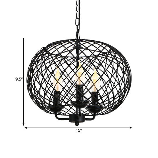 Industrial Metal Mesh Drum Shade Chandelier Lamp - Black 3-Bulb Hanging Ceiling Fixture For Dining