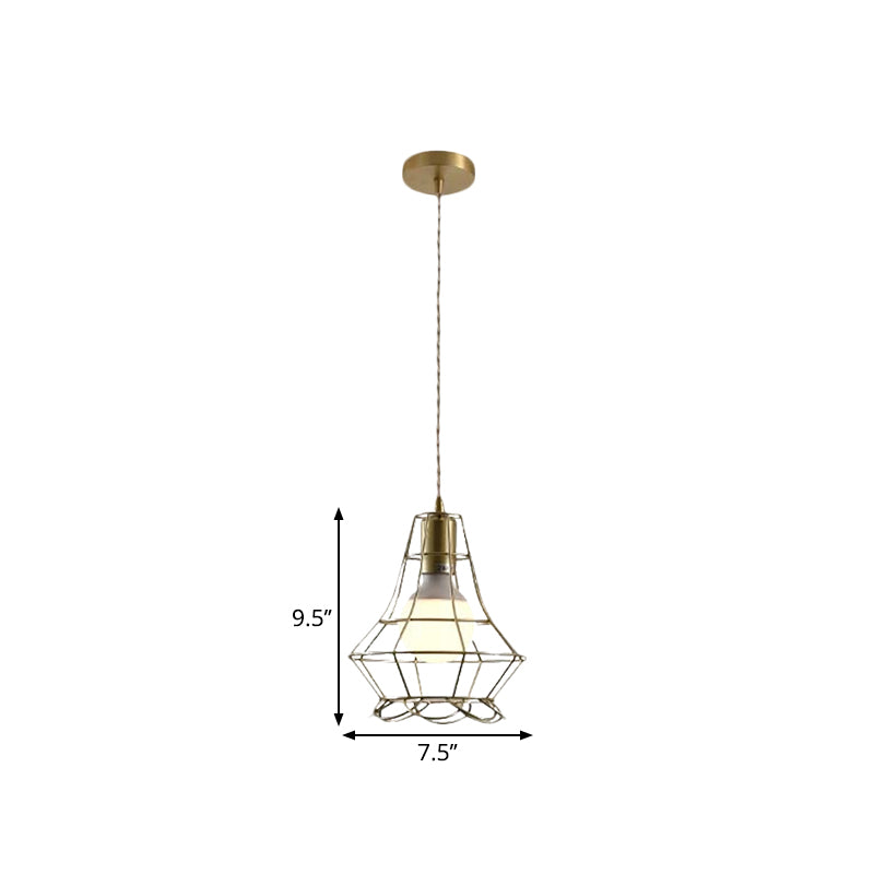 Industrial Metal Pendant Lighting With Gold Finish And Wire Frame For Dining Room - 1 Head