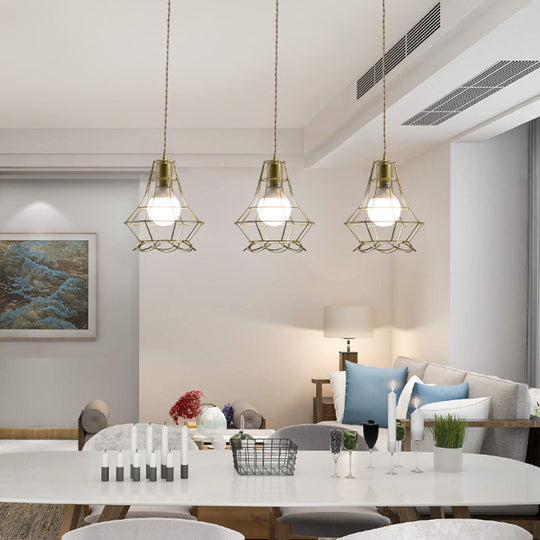Vintage Iron Caged Ceiling Pendant Light With Petal Shade And Round/Linear Canopy - Golden 3 Lights