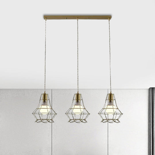 Vintage Iron Caged Ceiling Pendant Light With Petal Shade And Round/Linear Canopy - Golden 3 Lights