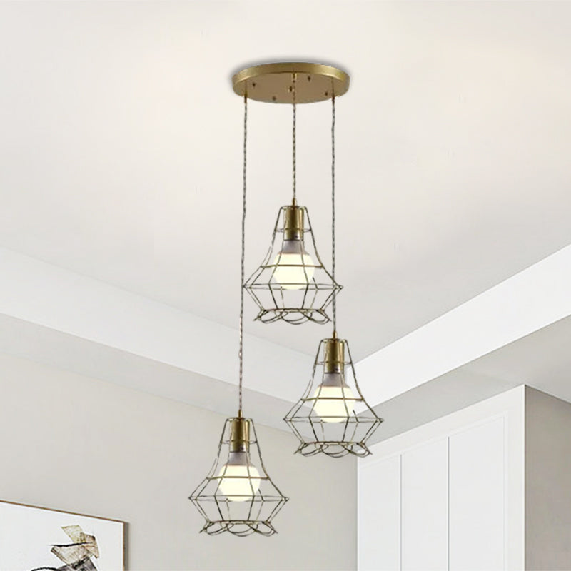 Vintage Iron Caged Ceiling Pendant Light With Petal Shade And Round/Linear Canopy - Golden 3 Lights