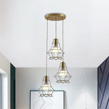 Vintage Iron Caged Ceiling Pendant Light With Petal Shade And Round/Linear Canopy - Golden 3 Lights