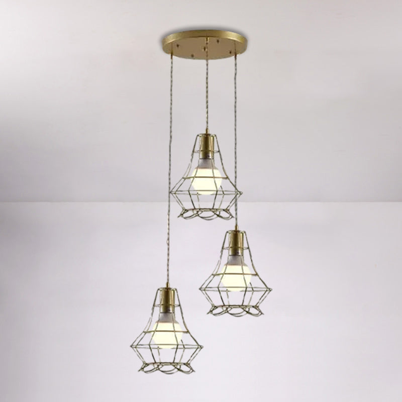 Vintage Iron Caged Ceiling Pendant Light With Petal Shade And Round/Linear Canopy - Golden 3 Lights
