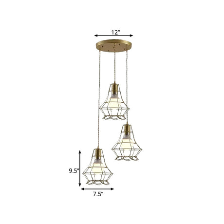 Vintage Iron Caged Ceiling Pendant Light With Petal Shade And Round/Linear Canopy - Golden 3 Lights