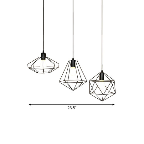 Farmhouse Iron Wire Cage Ceiling Pendant Light Fixture With 3 Lights And Black Shades