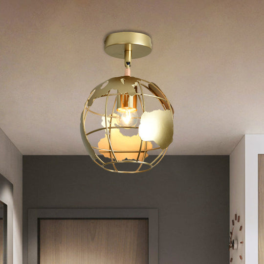 Stylish Metal Semi - Mount Ceiling Fixture With Brass Finish - 1 Bulb Bedroom Lighting In