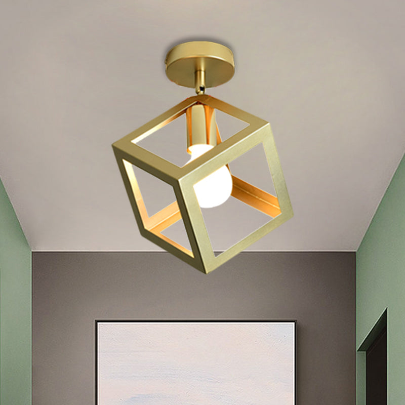 Stylish Metal Semi - Mount Ceiling Fixture With Brass Finish - 1 Bulb Bedroom Lighting In