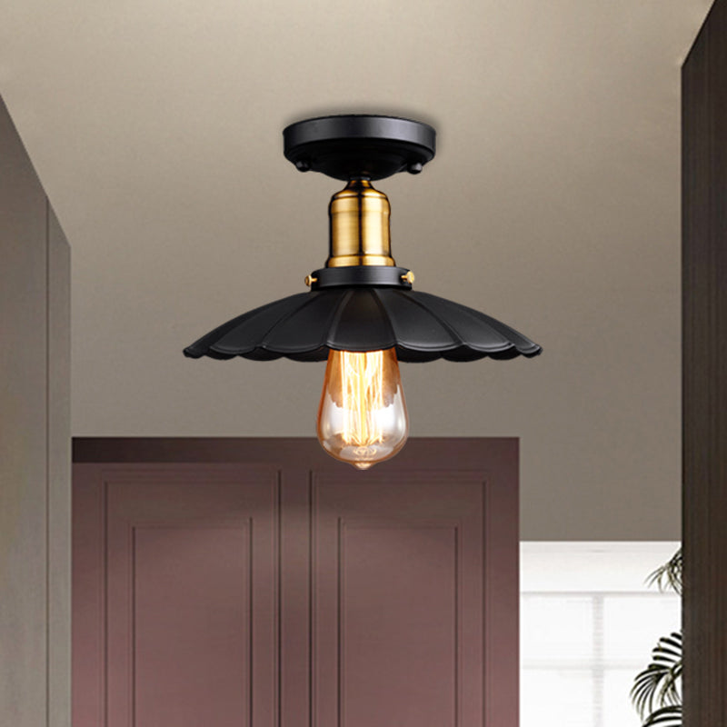 Retro Scalloped Edge Ceiling Light Fixture - Stylish 1-Bulb Semi Flush In Metallic Black/White For