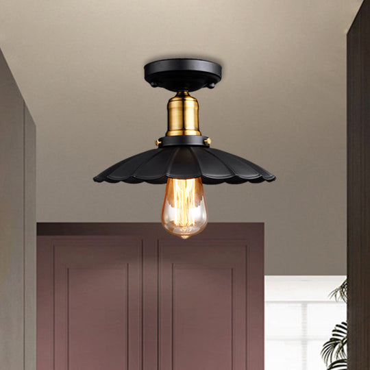 Retro Scalloped Edge Ceiling Light Fixture - Stylish 1-Bulb Semi Flush In Metallic Black/White For