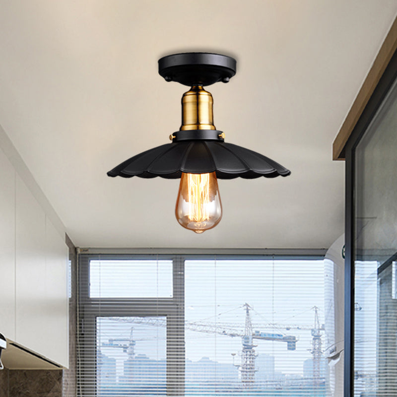 Retro Scalloped Edge Ceiling Light Fixture - Stylish 1 - Bulb Semi Flush In Metallic Black/White