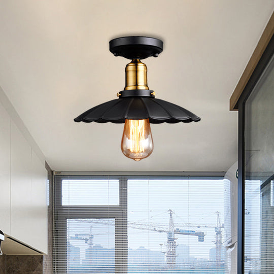 Retro Scalloped Edge Ceiling Light Fixture - Stylish 1 - Bulb Semi Flush In Metallic Black/White