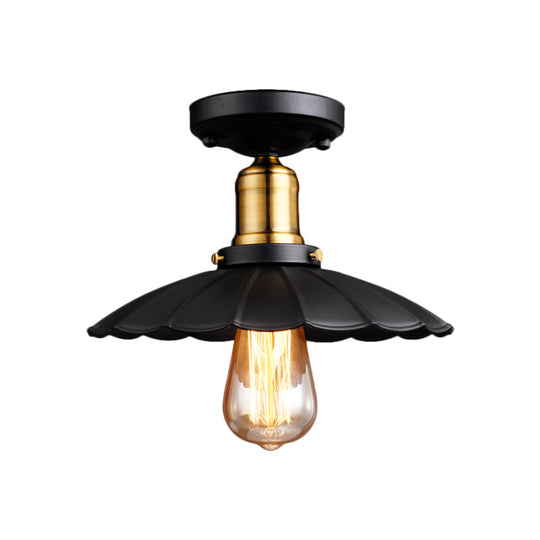 Retro Scalloped Edge Ceiling Light Fixture - Stylish 1-Bulb Semi Flush In Metallic Black/White For
