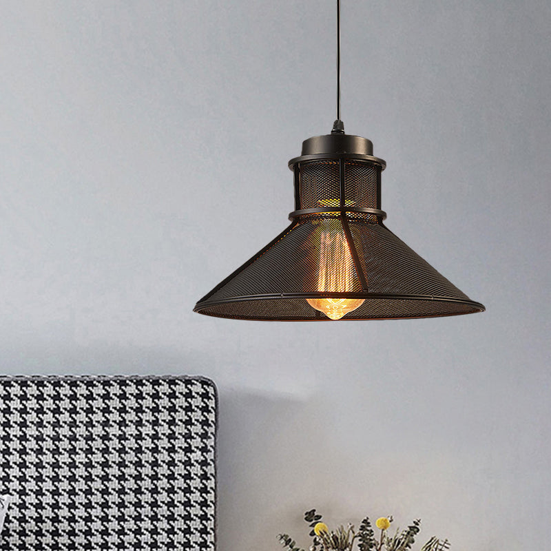 Vintage Style Hanging Light With Mesh Conic Shade - Metallic Pendant Ceiling