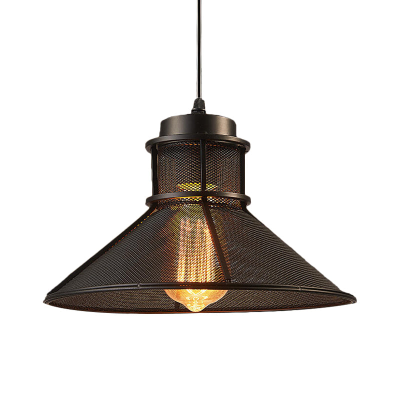 Vintage Style Hanging Light With Mesh Conic Shade - Metallic Pendant Ceiling