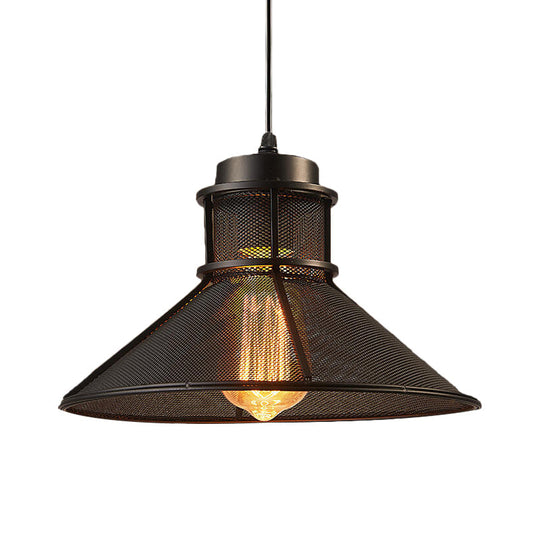 Vintage Style Hanging Light With Mesh Conic Shade - Metallic Pendant Ceiling