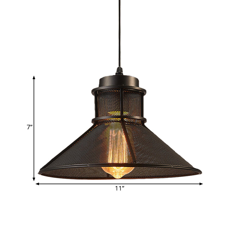 Vintage Style Hanging Light With Mesh Conic Shade - Metallic Pendant Ceiling