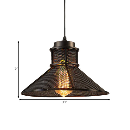 Vintage Style Hanging Light With Mesh Conic Shade - Metallic Pendant Ceiling