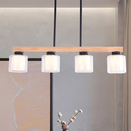 Nordic Wooden Linear Pendant With Double Glass Cylinder Shades For Restaurant Island Lighting