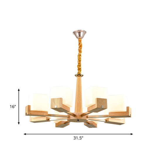 Wooden Nordic Chandelier With Glass Cube Shades - 3/5/8 Heads Ceiling Lamp For Living Room Lighting