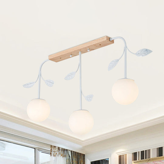 3/5 Light Orb Island Ceiling Lamp With Milky Glass & Wooden Canopy - Modern Simple Design