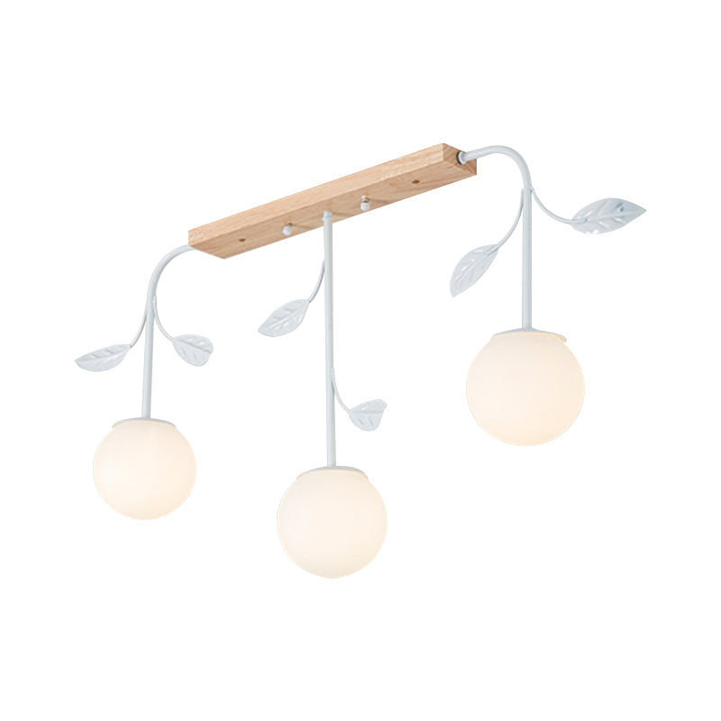 3/5 Light Orb Island Ceiling Lamp With Milky Glass & Wooden Canopy - Modern Simple Design