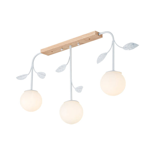 3/5 Light Orb Island Ceiling Lamp With Milky Glass & Wooden Canopy - Modern Simple Design