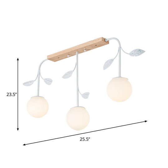 3/5 Light Orb Island Ceiling Lamp With Milky Glass & Wooden Canopy - Modern Simple Design